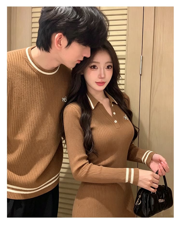 실사 커플룩 가을 새로운 스웨터 남자 니트 스웨터 풀오버 여성 인터넷 유명인 polo 스웨터 드레스 해군 스타일 v 상세 이미지 10