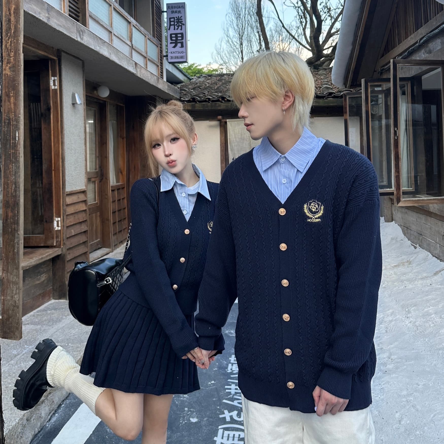 실사 커플룩 가을 겨울철 새로운 학원 스타일 스웨터 오픈 가디건 반 스커트 세트 miu 부서 남자 긴팔 재킷 이미지 6