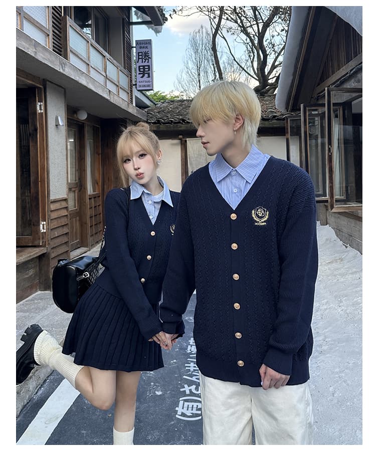 실사 커플룩 가을 겨울철 새로운 학원 스타일 스웨터 오픈 가디건 반 스커트 세트 miu 부서 남자 긴팔 재킷 상세 이미지 4