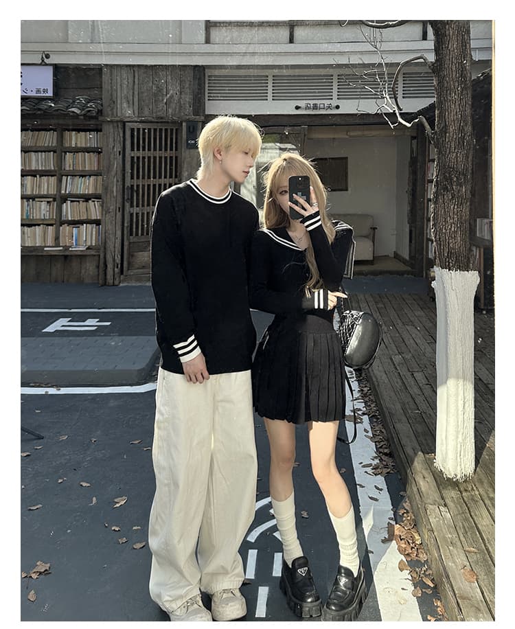 실사 커플룩 가을과 겨울 인터넷 유명인 품격 해군 칼라 학원 스타일 스웨터 원피스 남자 풀오버 니트 스웨터 상세 이미지 3