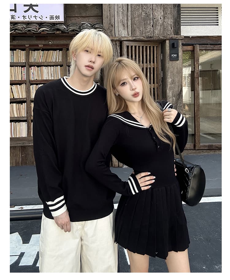 실사 커플룩 가을과 겨울 인터넷 유명인 품격 해군 칼라 학원 스타일 스웨터 원피스 남자 풀오버 니트 스웨터 상세 이미지 4