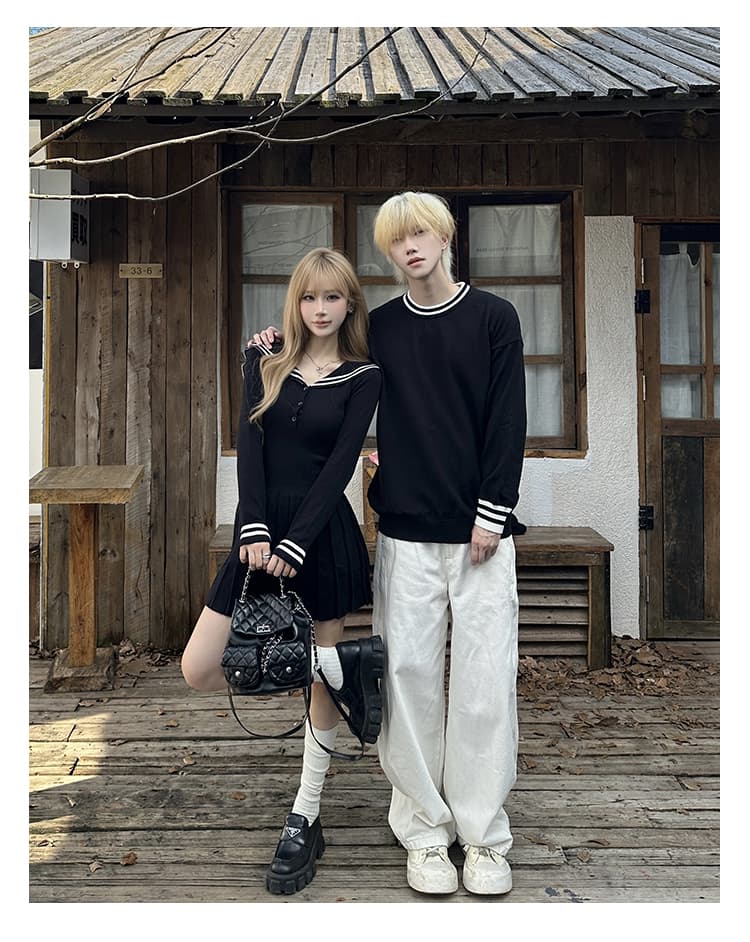 실사 커플룩 가을과 겨울 인터넷 유명인 품격 해군 칼라 학원 스타일 스웨터 원피스 남자 풀오버 니트 스웨터 상세 이미지 10