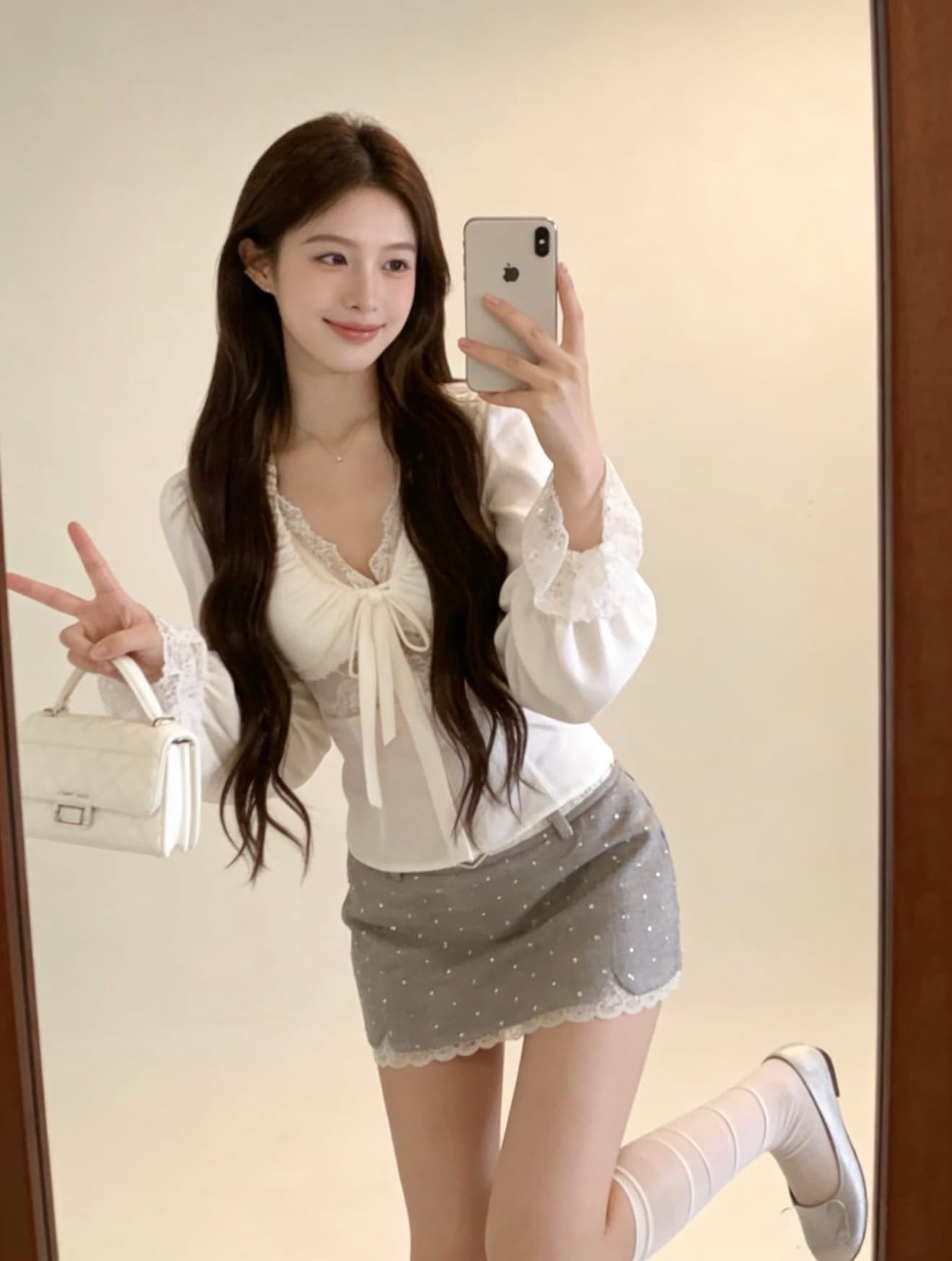 지혜 센스 에덴 순수한 욕망 페이크 레이어드 레이스 주간 실크 패치워크 셔츠 포함 가슴 패드 도트 무늬 로우 웨이스트 타이트 스커트 반 스커트 이미지 3