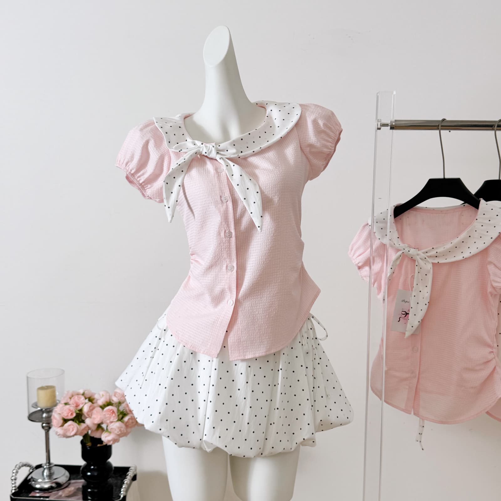 umoumo 우 버섯 여름 달콤함 도트 무늬 나비 매듭 칼라 패치워크 비스듬한 문 襟 몸매 가꾸기 셔츠 세트 이미지 4