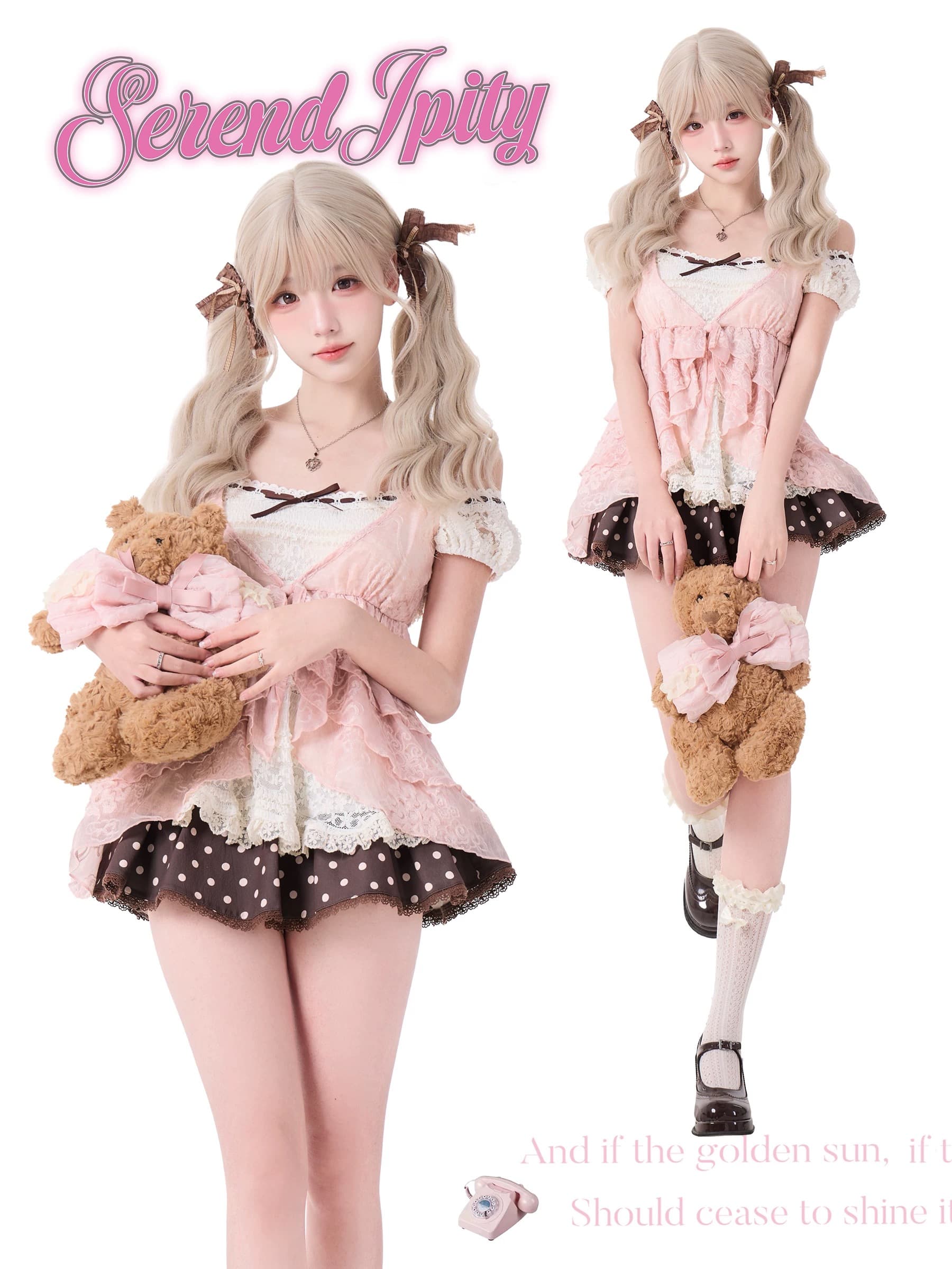 소녀 코코넛 일상 부서 샤 오 천 새싹 의류 여름 살구 색상 페이크 레이어드 맨위 브라운 도트 무늬 반신 스커트 이미지 3