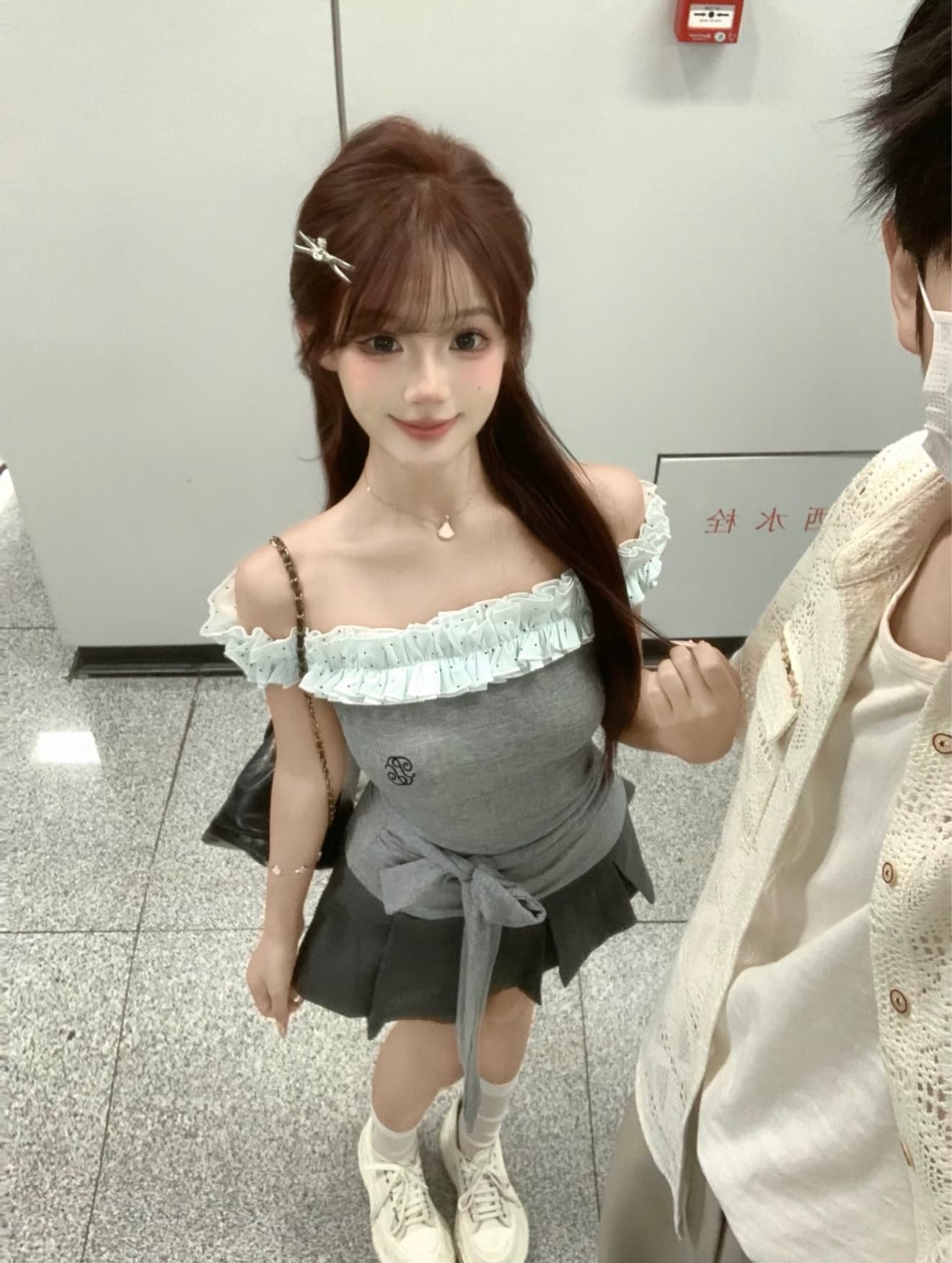 popwest 丨 도트 무늬 레이스 패치워크 오프숄더 허리 수축 티셔츠 여성 여름 섹시함 핫걸 발레 바람 레이스업 맨위 이미지 2