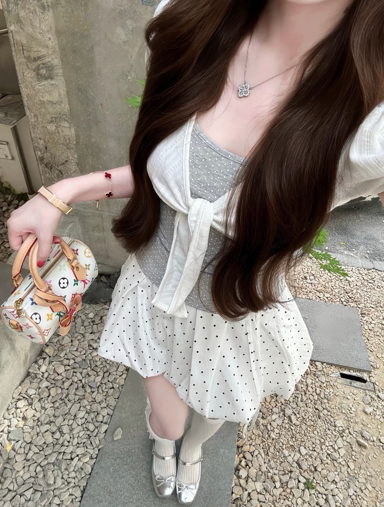 umoumo 우 버섯 여름 달콤함 부서 매듭 페이크 레이어드 도트 무늬 패치워크 티셔츠 몸매 가꾸기 슬림해 보이는 반팔 이미지 2