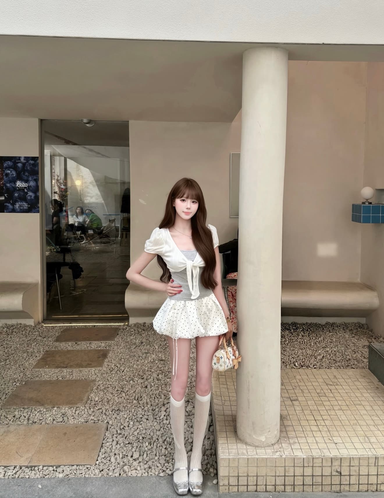 umoumo 우 버섯 여름 달콤함 부서 매듭 페이크 레이어드 도트 무늬 패치워크 티셔츠 몸매 가꾸기 슬림해 보이는 반팔 이미지 3