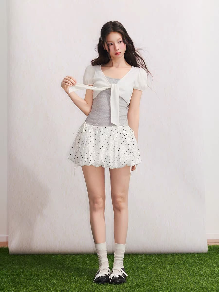 umoumo 우 버섯 여름 달콤함 부서 매듭 페이크 레이어드 도트 무늬 패치워크 티셔츠 몸매 가꾸기 슬림해 보이는 반팔 이미지 5
