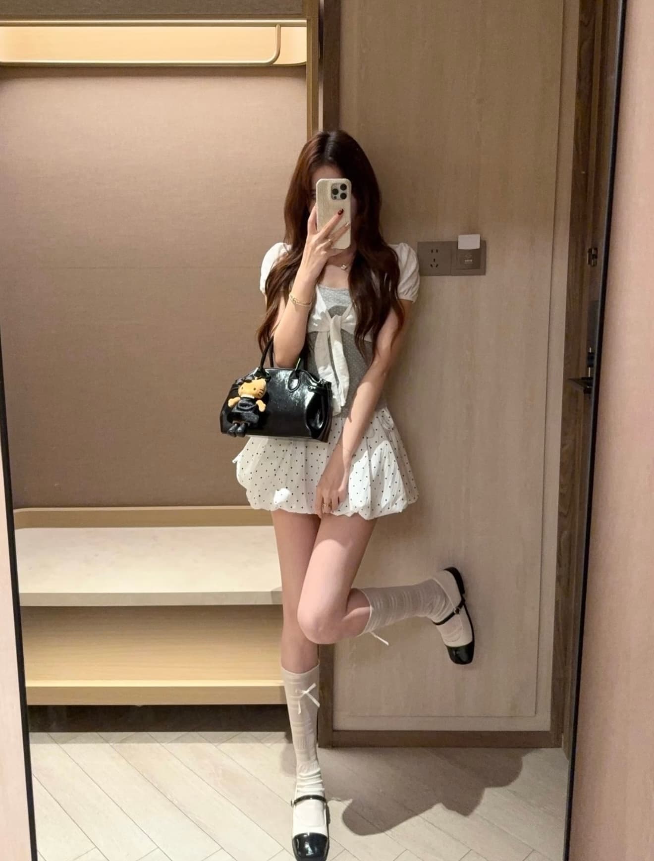 umoumo 우 버섯 여름 달콤함 부서 매듭 페이크 레이어드 도트 무늬 패치워크 티셔츠 몸매 가꾸기 슬림해 보이는 반팔 이미지 4