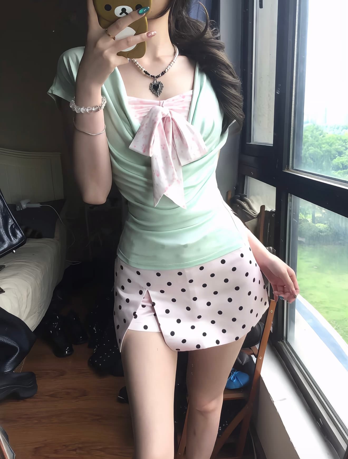 umoumo 우 버섯 여름 라이 경기 서울 흔들다 칼라 사실 투피스 세트 꽃무늬 패치워크 티셔츠 도루 센스 통기성 레이스업 반팔 이미지 4