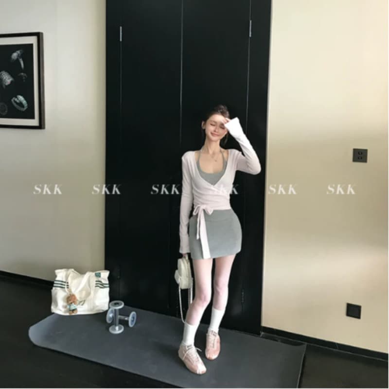 skk store 이슬 생각하기 같은 단락 럭셔리 센스 아세트산 주간 실크 양모 주요 추진력 발레 스트랩 긴팔 티셔츠 세트 상세 이미지 9