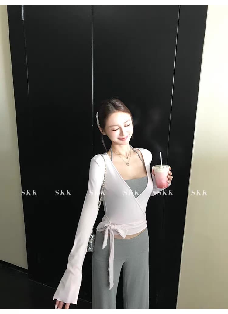 skk store 이슬 생각하기 같은 단락 럭셔리 센스 아세트산 주간 실크 양모 주요 추진력 발레 스트랩 긴팔 티셔츠 세트 상세 이미지 13