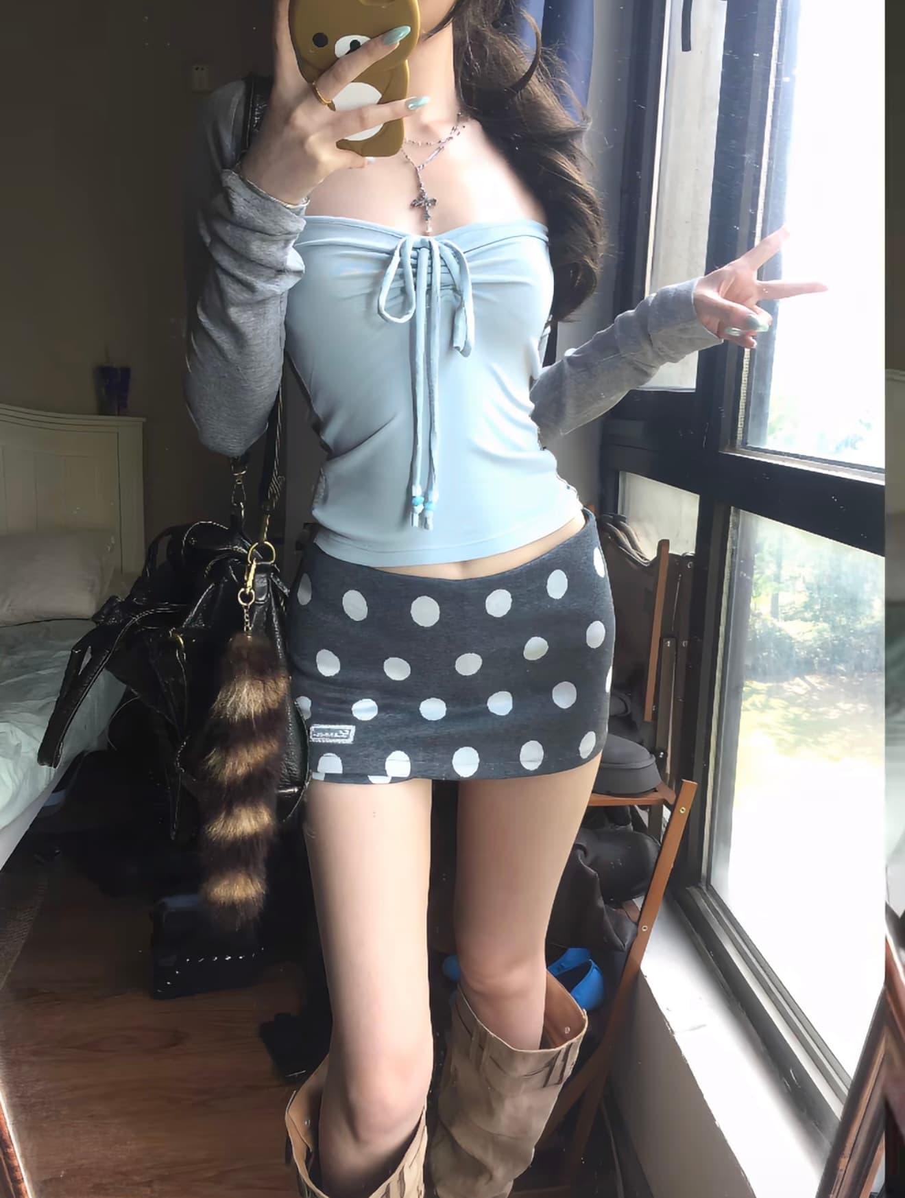 lennea 한 부서 소녀 바람 배색 어깨 튜브탑 페이크 레이어드 긴팔 느슨함 센스 티셔츠 몸매 가꾸기 슬림해 보이는 맨위 이미지 4