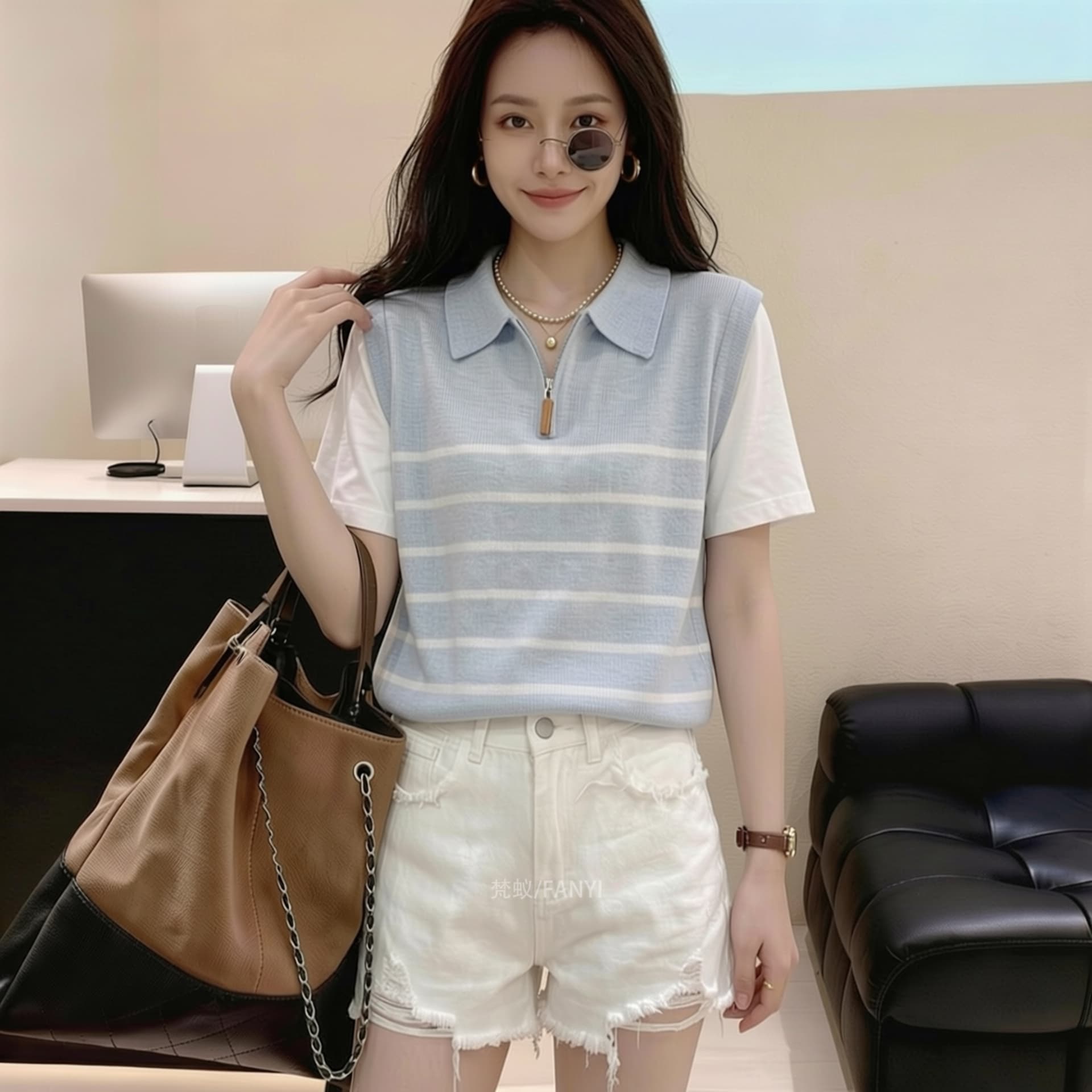 학원 스타일 페이크 레이어드 POLO 칼라 스트라이프 니트 스웨터 여성 2026 년 여름 반팔 풀오버 캐주얼 티셔츠 맨위 이미지 2