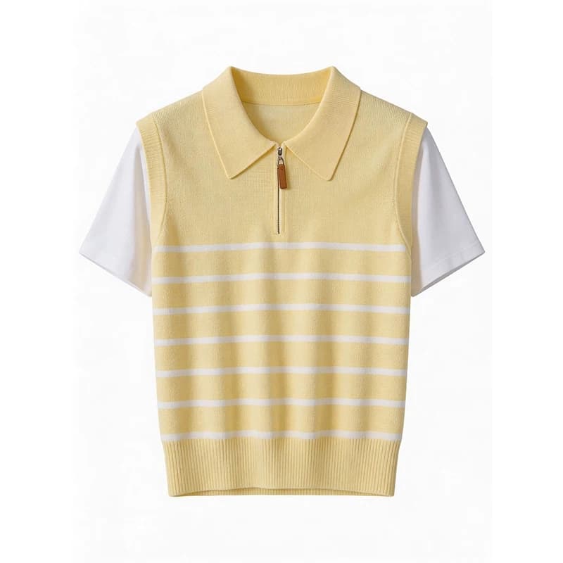 학원 스타일 페이크 레이어드 POLO 칼라 스트라이프 니트 스웨터 여성 2026 년 여름 반팔 풀오버 캐주얼 티셔츠 맨위 상세 이미지 6