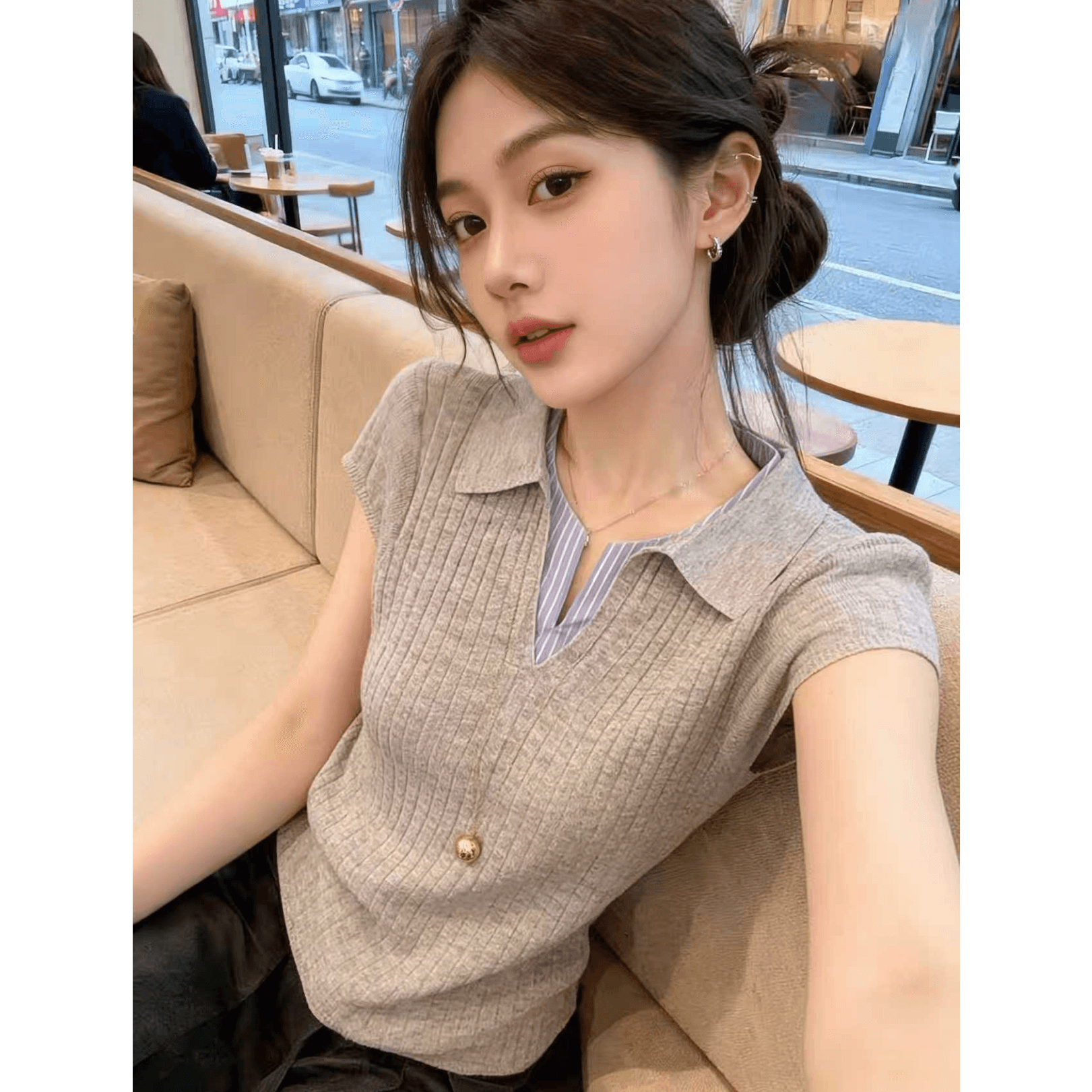 스트라이프 패치워크 폴로 칼라 반팔 니트 티셔츠 여성 여름 새로운 긍정적 인 어깨 연령 감소 다용도 맨위 이미지 4
