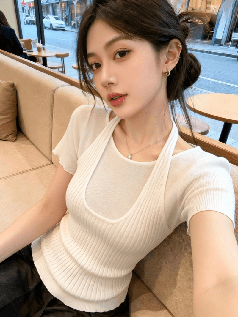 디자인 센스 행침 목 페이크 레이어드 반팔 니트 스웨터 여성 여름 새로운 미니멀리즘 다용도 맨위 이미지 4