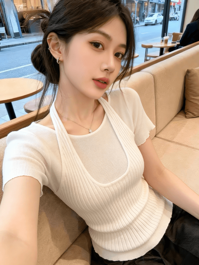 디자인 센스 행침 목 페이크 레이어드 반팔 니트 스웨터 여성 여름 새로운 미니멀리즘 다용도 맨위 상세 이미지 1