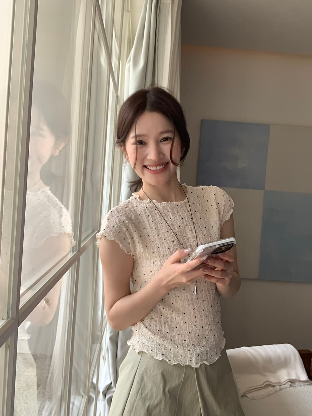 2026 여름 한 부서 물결무늬 측면 핑크색 라운드 넥 도트 무늬 대나무 마디 마 반팔 티셔츠 여성 몸매 가꾸기 작은 에디션 니트 맨위 상세 이미지 9