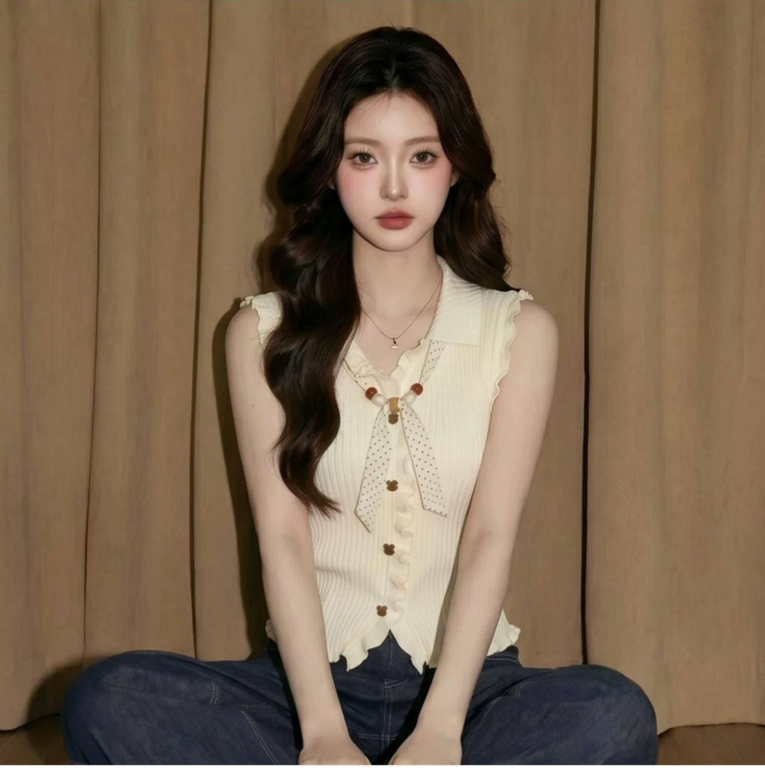 화이트 POLO 칼라 민소매 니트 캐미솔 여름 고유 한 아름다운 아름다운 착용 가져 가라. 몸매 가꾸기 외출용 작은 맨위 이미지 3