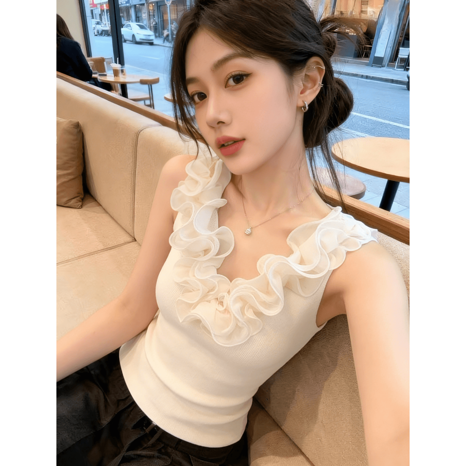 프랑스식 프릴 니트 캐미솔 여름 디자인 센스 작은 대중 몸매 가꾸기 슬림해 보이는 맨위 이미지 2