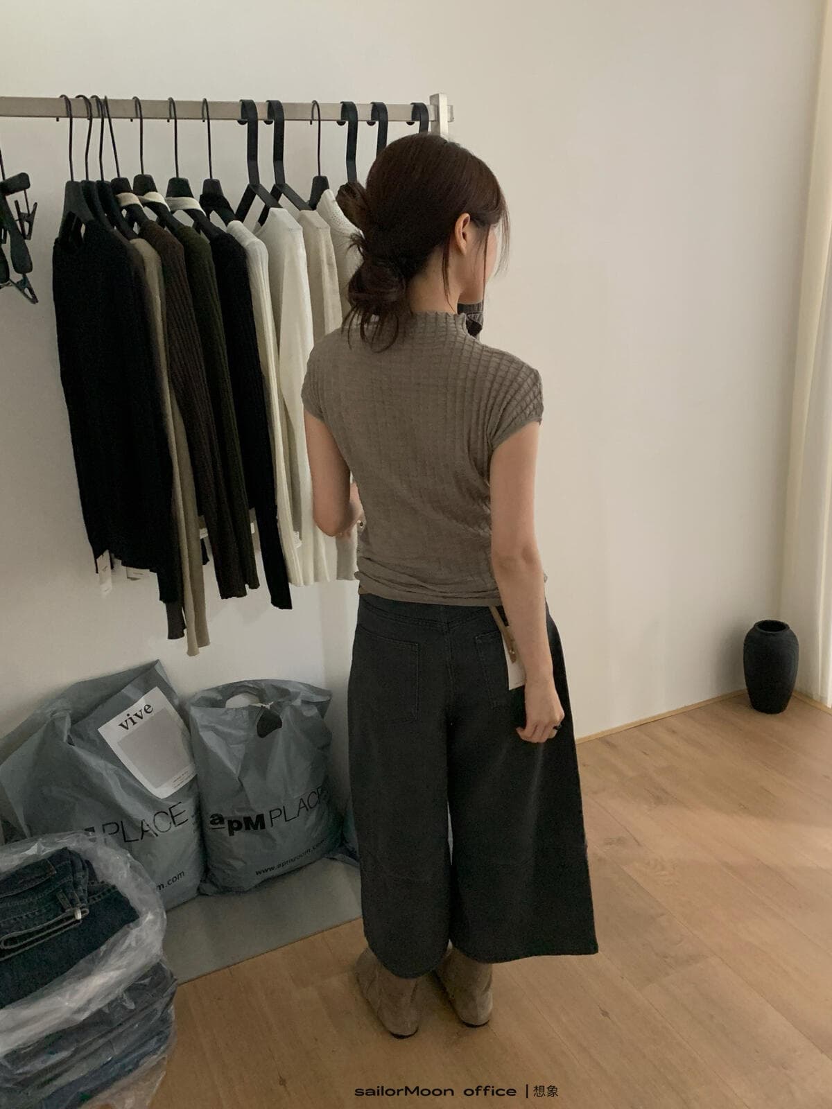 한 부서 미니멀리즘 다용도 후아 남편 그리드 반팔 맨위 라운드 넥 품격 인사이드 가져 가라. 니트 스웨터 여성 상세 이미지 3