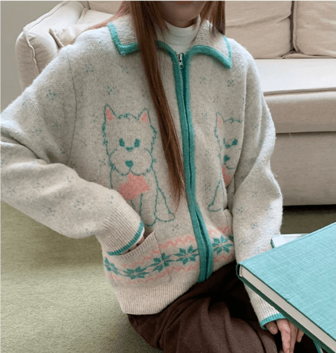 아메리칸 레트로 vintage 만화 강아지 자카드 폴로 칼라 지퍼 니트 오픈 가디건 여성 느긋한 바람 스웨터 코트