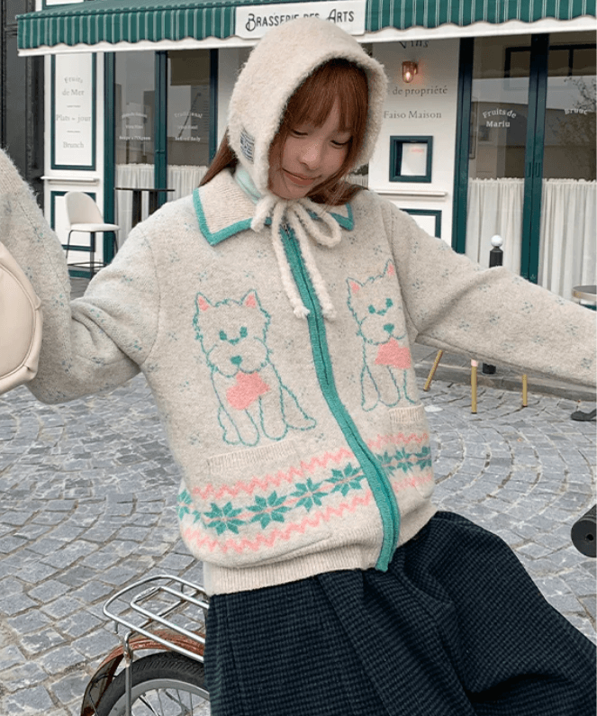 아메리칸 레트로 vintage 만화 강아지 자카드 폴로 칼라 지퍼 니트 오픈 가디건 여성 느긋한 바람 스웨터 코트 이미지 3