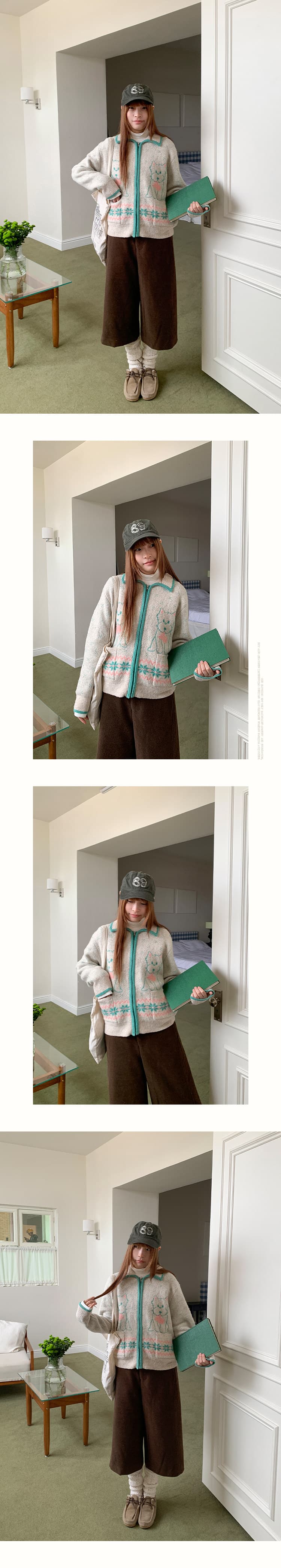 아메리칸 레트로 vintage 만화 강아지 자카드 폴로 칼라 지퍼 니트 오픈 가디건 여성 느긋한 바람 스웨터 코트 상세 이미지 2
