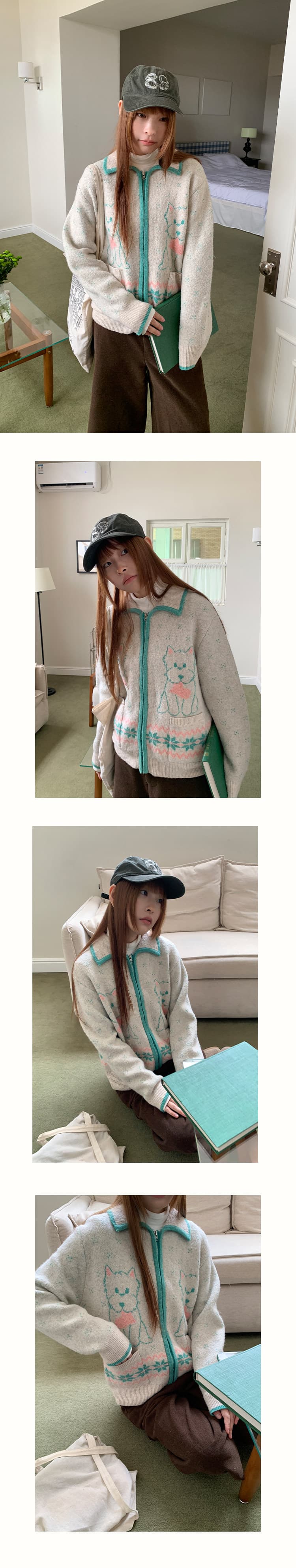 아메리칸 레트로 vintage 만화 강아지 자카드 폴로 칼라 지퍼 니트 오픈 가디건 여성 느긋한 바람 스웨터 코트 상세 이미지 3