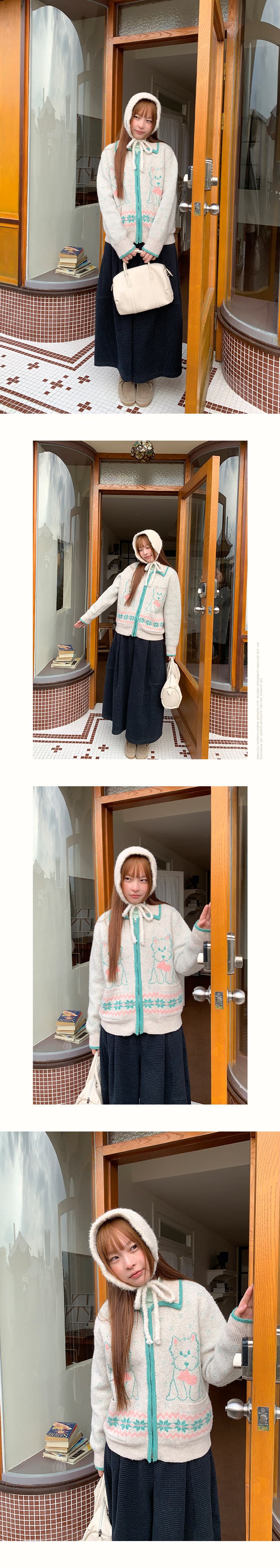 아메리칸 레트로 vintage 만화 강아지 자카드 폴로 칼라 지퍼 니트 오픈 가디건 여성 느긋한 바람 스웨터 코트 상세 이미지 7
