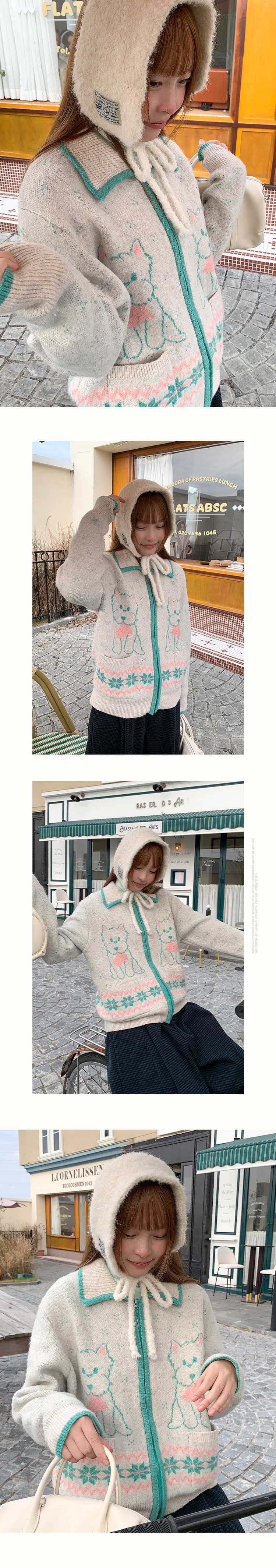아메리칸 레트로 vintage 만화 강아지 자카드 폴로 칼라 지퍼 니트 오픈 가디건 여성 느긋한 바람 스웨터 코트 상세 이미지 9