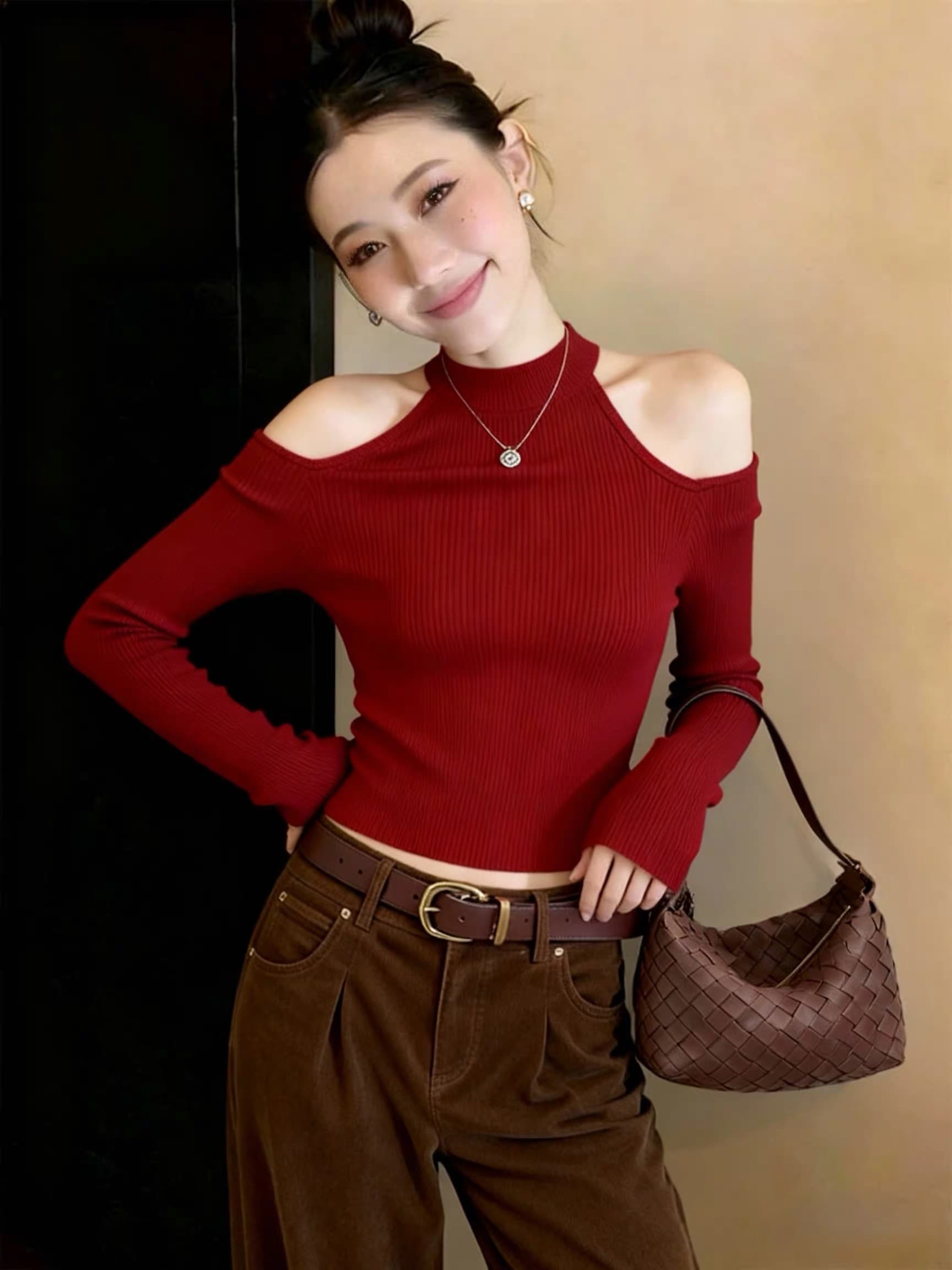 보트넥 오프숄더 행침 목 긴팔 니트 기본 셔츠 인사이드 잡아라. 의류 이른 가을 새로운 이미지 2