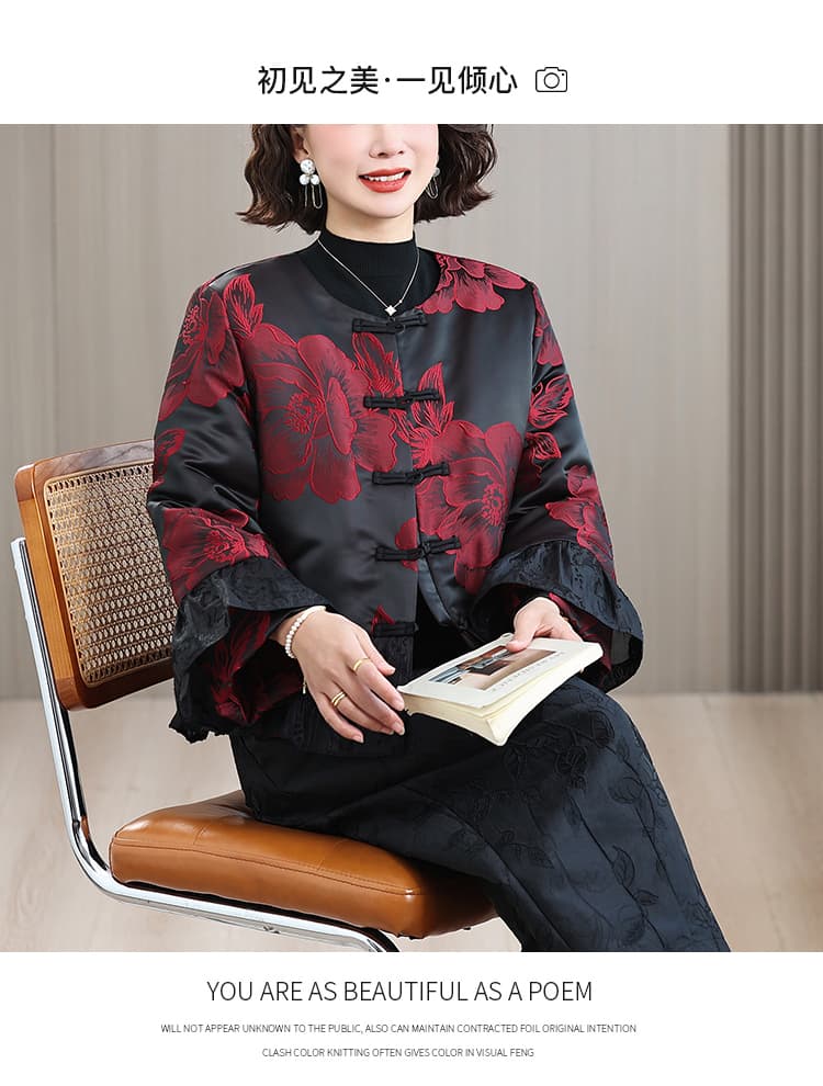 2026 봄 새로운 어머니 드레스 국풍 재킷 넓은 너무 여성 자카드 고급 외국 가스 다용도 와이드 레그 팬츠 세트 상세 이미지 16
