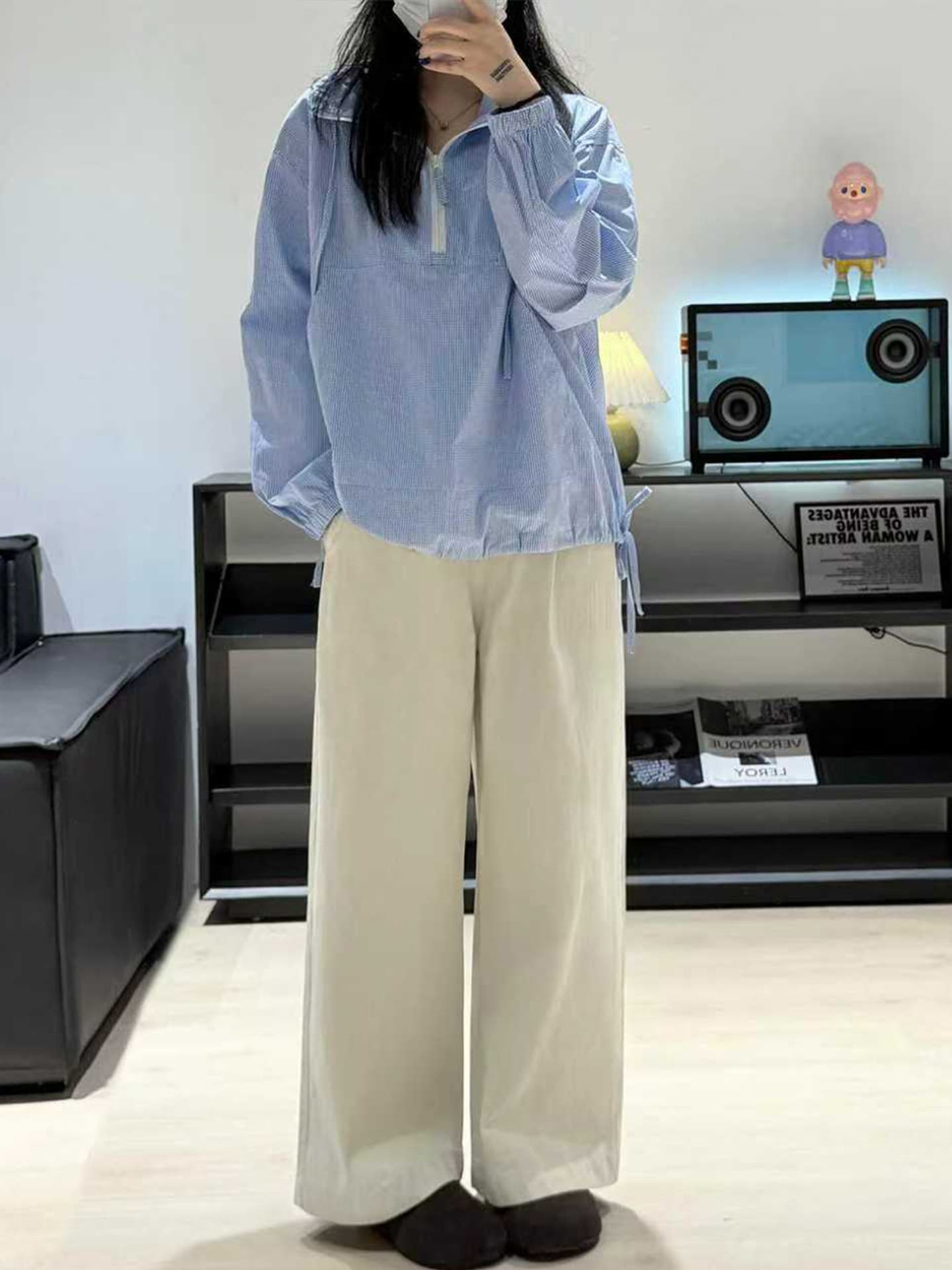 배 종류 몸 살구 색상 워크웨어 와이드 레깅스 바지 봄 새로운 통통한 여동생 mm 하이웨이스트 슬림해 보이는 스트레이트 캐주얼 바지 이미지 3