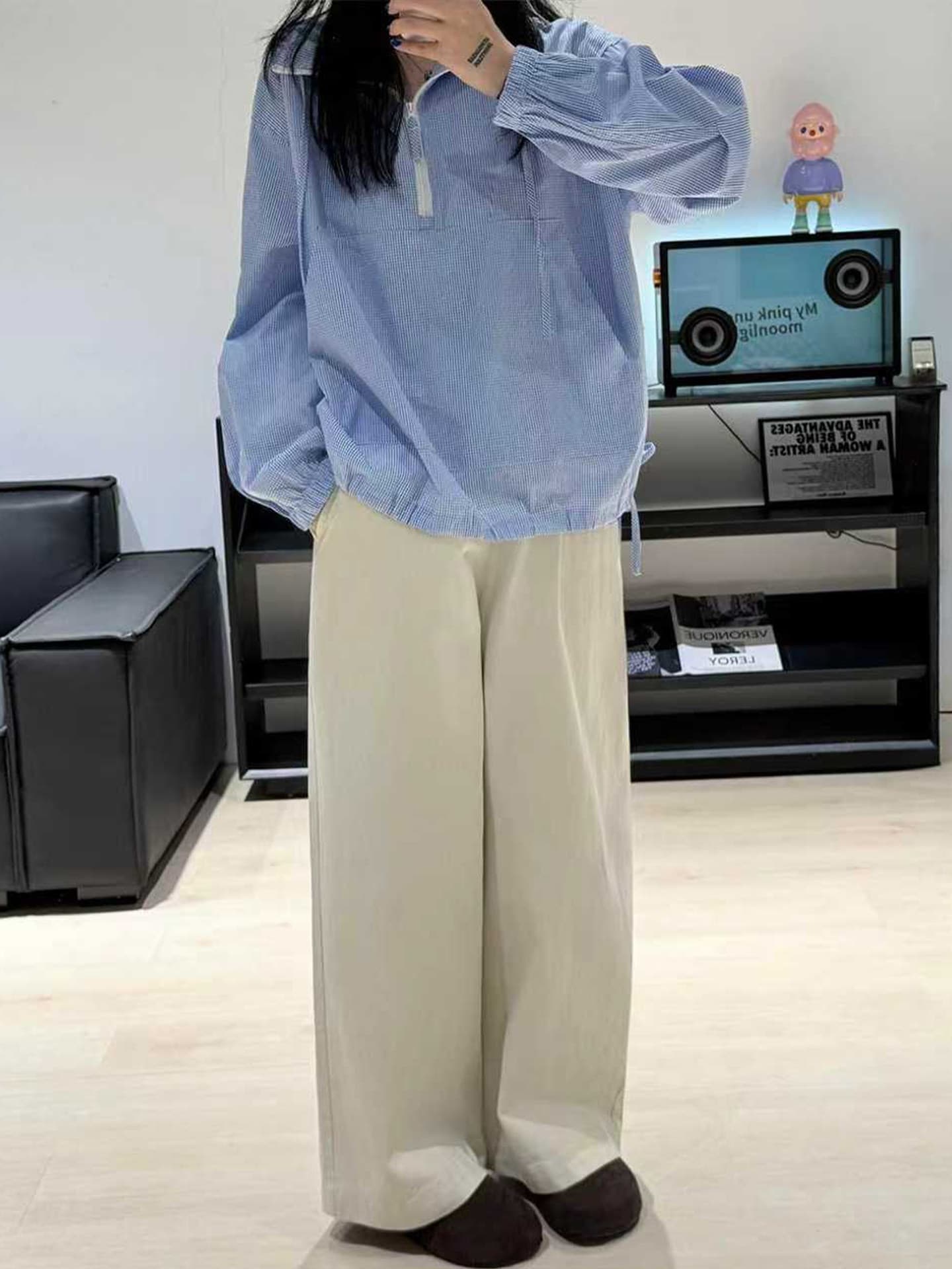 배 종류 몸 살구 색상 워크웨어 와이드 레깅스 바지 봄 새로운 통통한 여동생 mm 하이웨이스트 슬림해 보이는 스트레이트 캐주얼 바지 상세 이미지 6