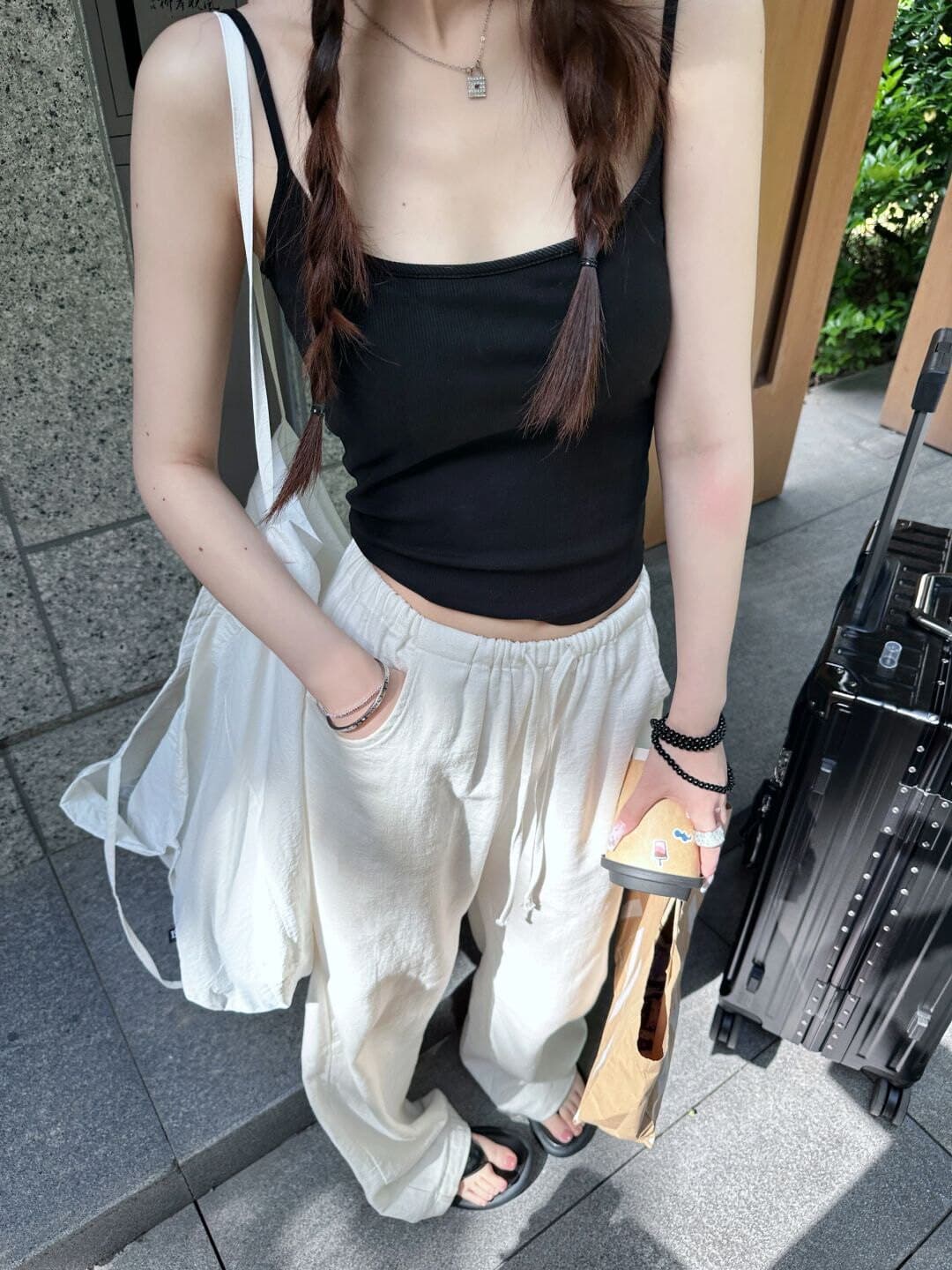워싱 라미 바지 2026 봄 허리밴드 펌프 로프 캐주얼 면 린넨 와이드 레깅스 바지 오래된 돈 바람 느슨함 센스 아마 바지