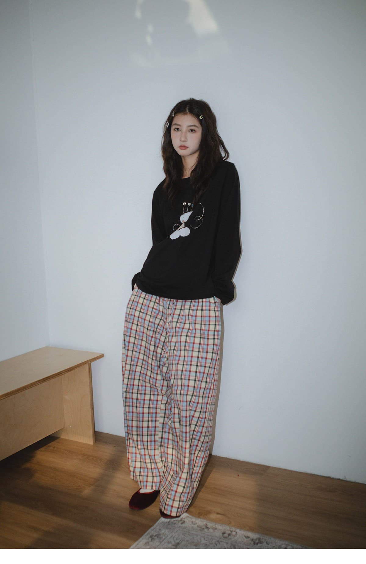 레트로 색상 그리드 하느님 바지 귀여운 단추 장식 디자인 봄 여름 루즈핏 슬림해 보이는 얇은 스타일 허리밴드 캐주얼 바지 여성 상세 이미지 35