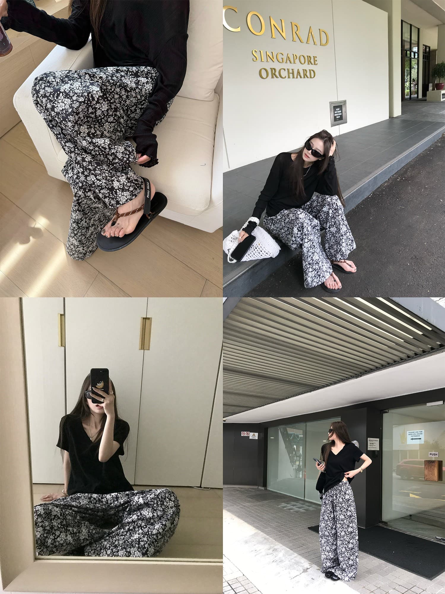 오래된 밖으로 조각 ~ 중 할머니 꽃무늬 바지 흑인과 백인 색상 일치 프린트 익스트림 제인 느슨함 휴가 바람 와이드 레그 팬츠 긴 바지 여성 이미지 2