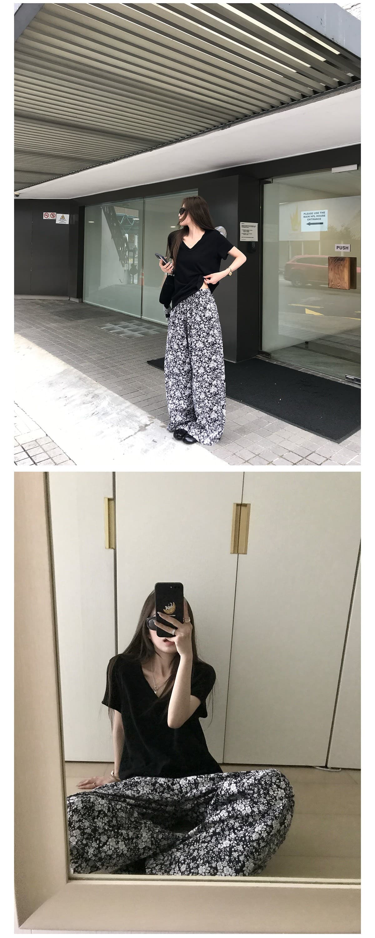 오래된 밖으로 조각 ~ 중 할머니 꽃무늬 바지 흑인과 백인 색상 일치 프린트 익스트림 제인 느슨함 휴가 바람 와이드 레그 팬츠 긴 바지 여성 상세 이미지 2