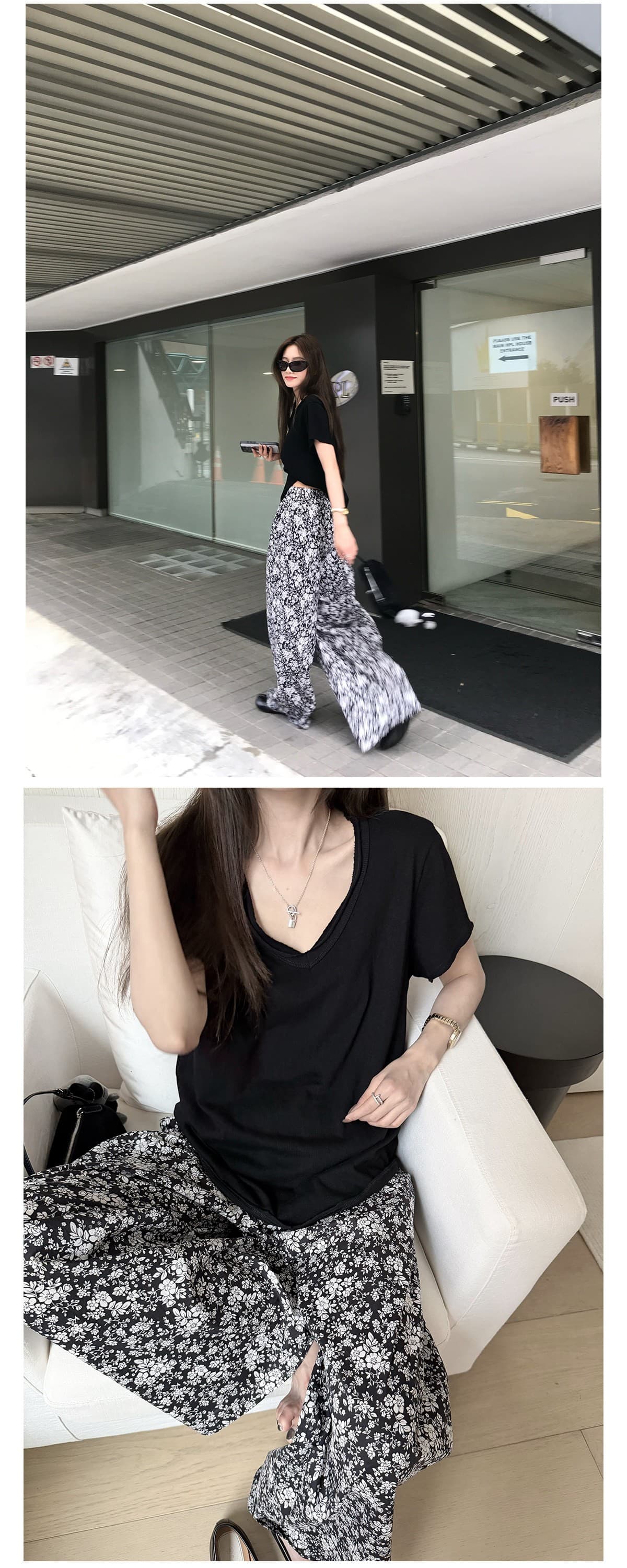오래된 밖으로 조각 ~ 중 할머니 꽃무늬 바지 흑인과 백인 색상 일치 프린트 익스트림 제인 느슨함 휴가 바람 와이드 레그 팬츠 긴 바지 여성 상세 이미지 3