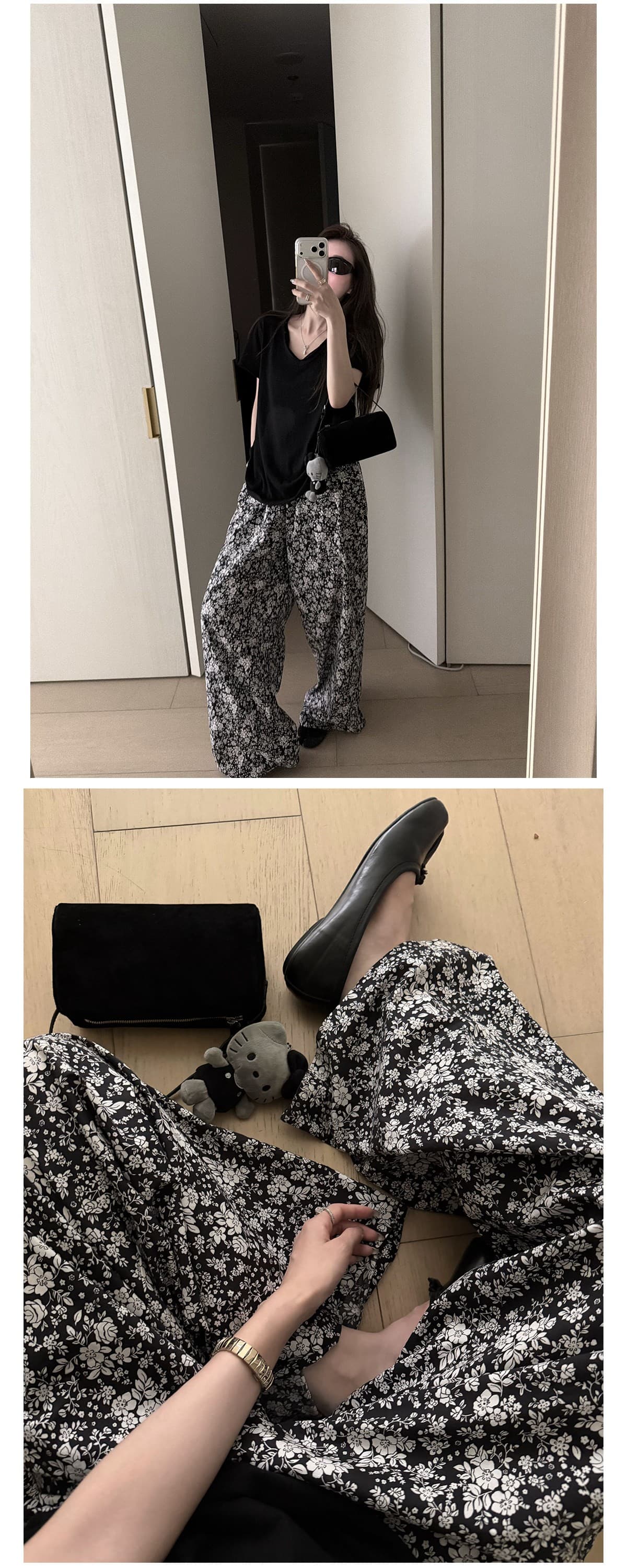 오래된 밖으로 조각 ~ 중 할머니 꽃무늬 바지 흑인과 백인 색상 일치 프린트 익스트림 제인 느슨함 휴가 바람 와이드 레그 팬츠 긴 바지 여성 상세 이미지 4