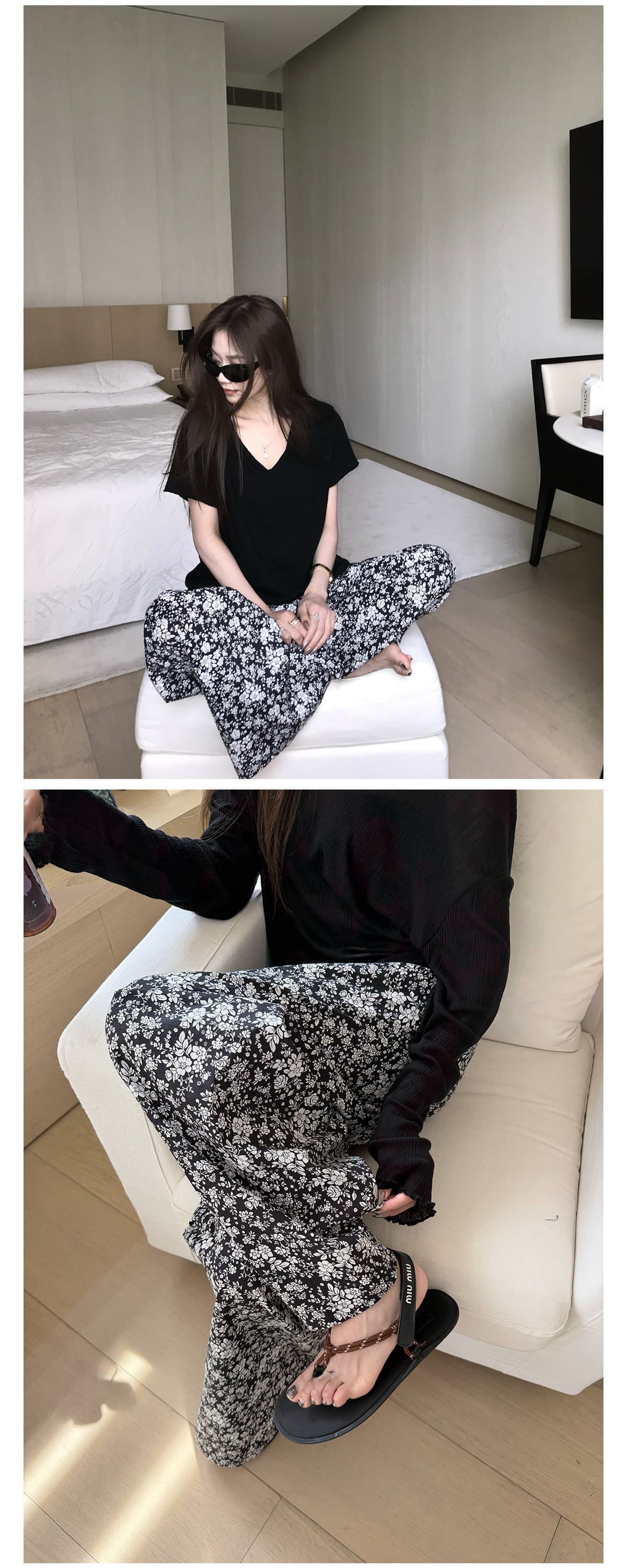 오래된 밖으로 조각 ~ 중 할머니 꽃무늬 바지 흑인과 백인 색상 일치 프린트 익스트림 제인 느슨함 휴가 바람 와이드 레그 팬츠 긴 바지 여성 상세 이미지 5