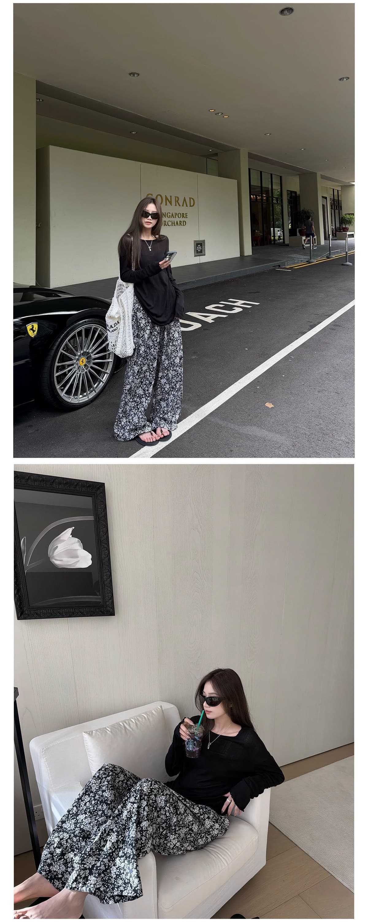 오래된 밖으로 조각 ~ 중 할머니 꽃무늬 바지 흑인과 백인 색상 일치 프린트 익스트림 제인 느슨함 휴가 바람 와이드 레그 팬츠 긴 바지 여성 상세 이미지 7