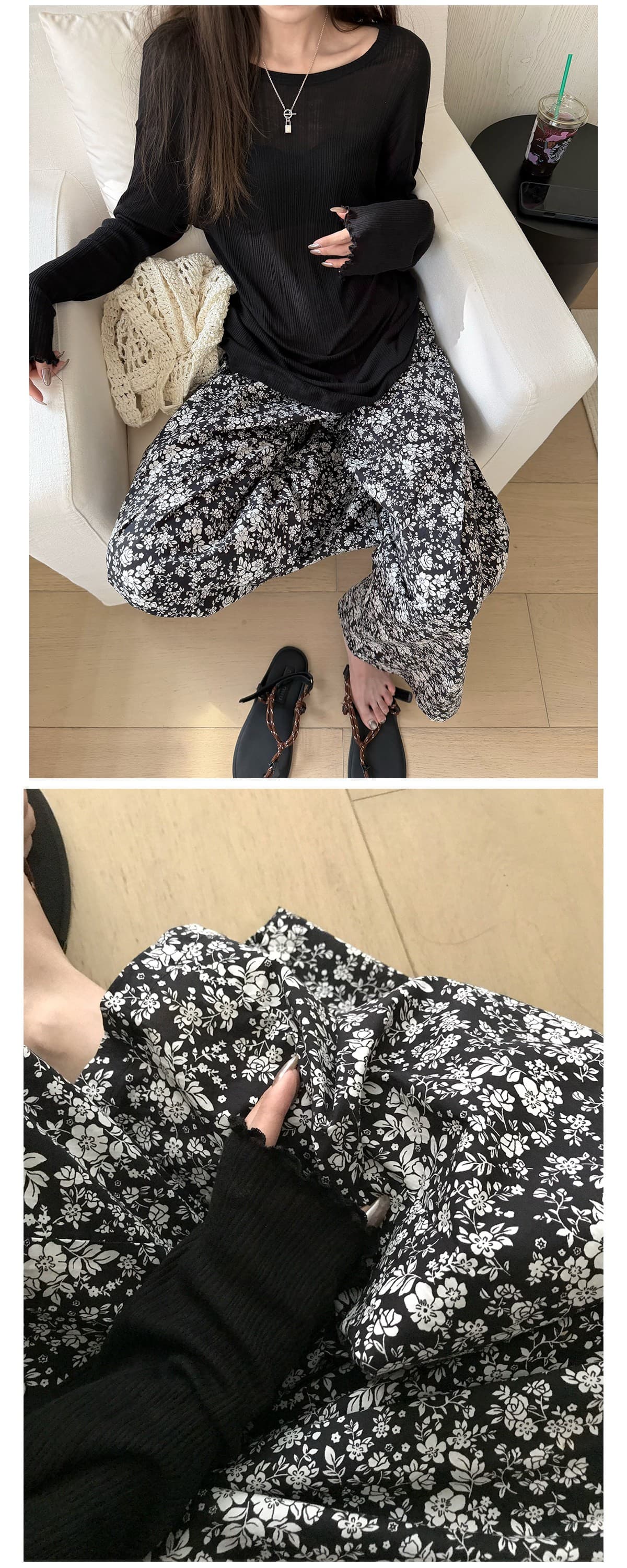 오래된 밖으로 조각 ~ 중 할머니 꽃무늬 바지 흑인과 백인 색상 일치 프린트 익스트림 제인 느슨함 휴가 바람 와이드 레그 팬츠 긴 바지 여성 상세 이미지 8