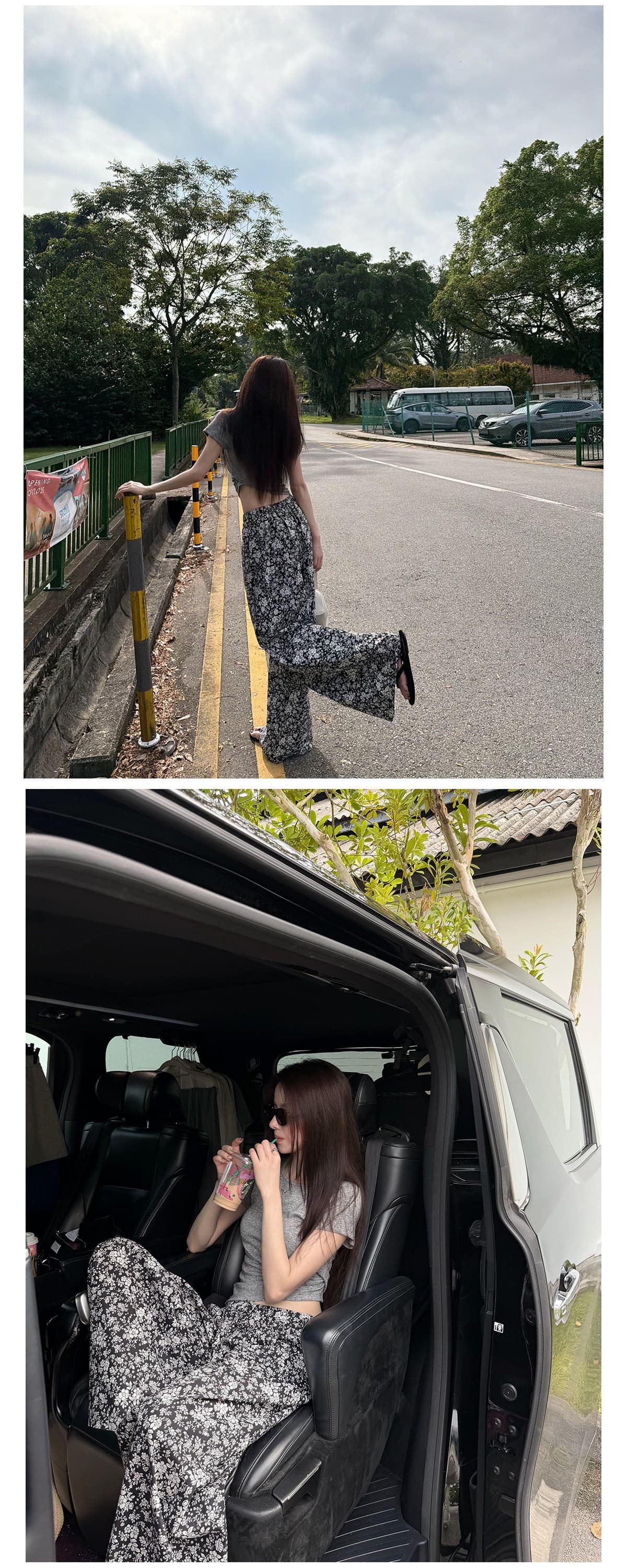 오래된 밖으로 조각 ~ 중 할머니 꽃무늬 바지 흑인과 백인 색상 일치 프린트 익스트림 제인 느슨함 휴가 바람 와이드 레그 팬츠 긴 바지 여성 상세 이미지 13