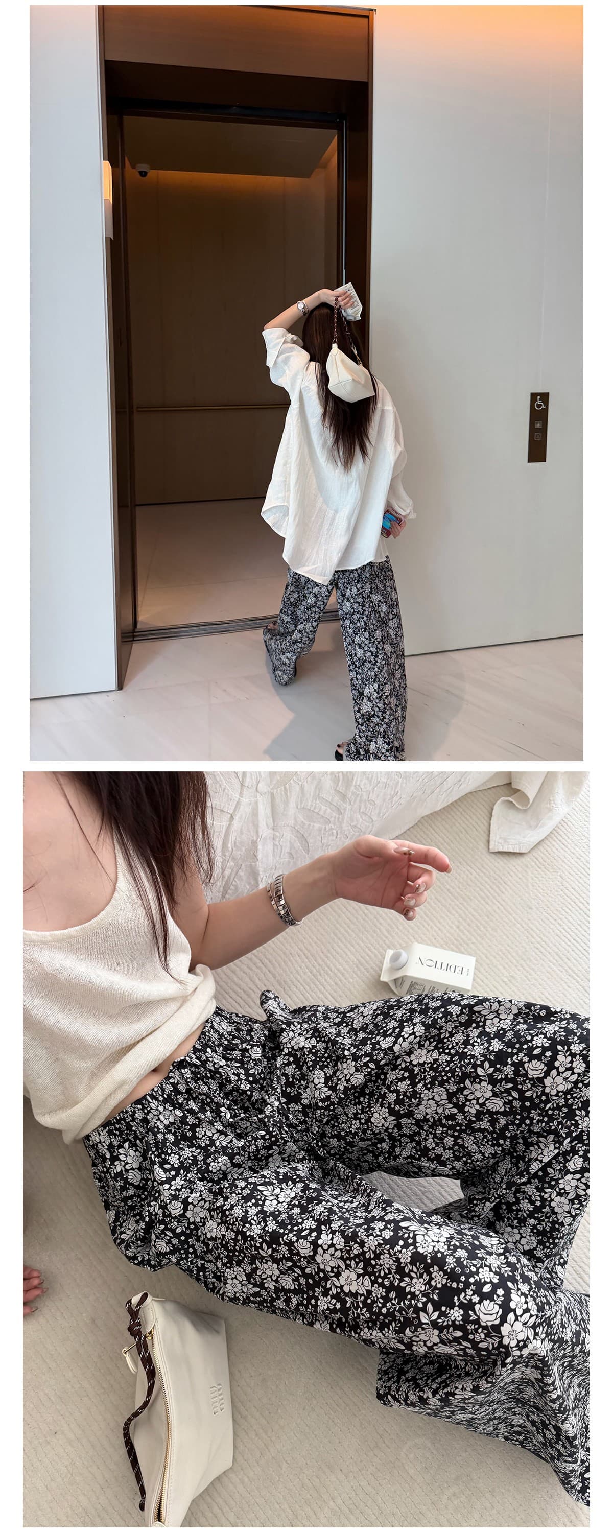 오래된 밖으로 조각 ~ 중 할머니 꽃무늬 바지 흑인과 백인 색상 일치 프린트 익스트림 제인 느슨함 휴가 바람 와이드 레그 팬츠 긴 바지 여성 상세 이미지 16