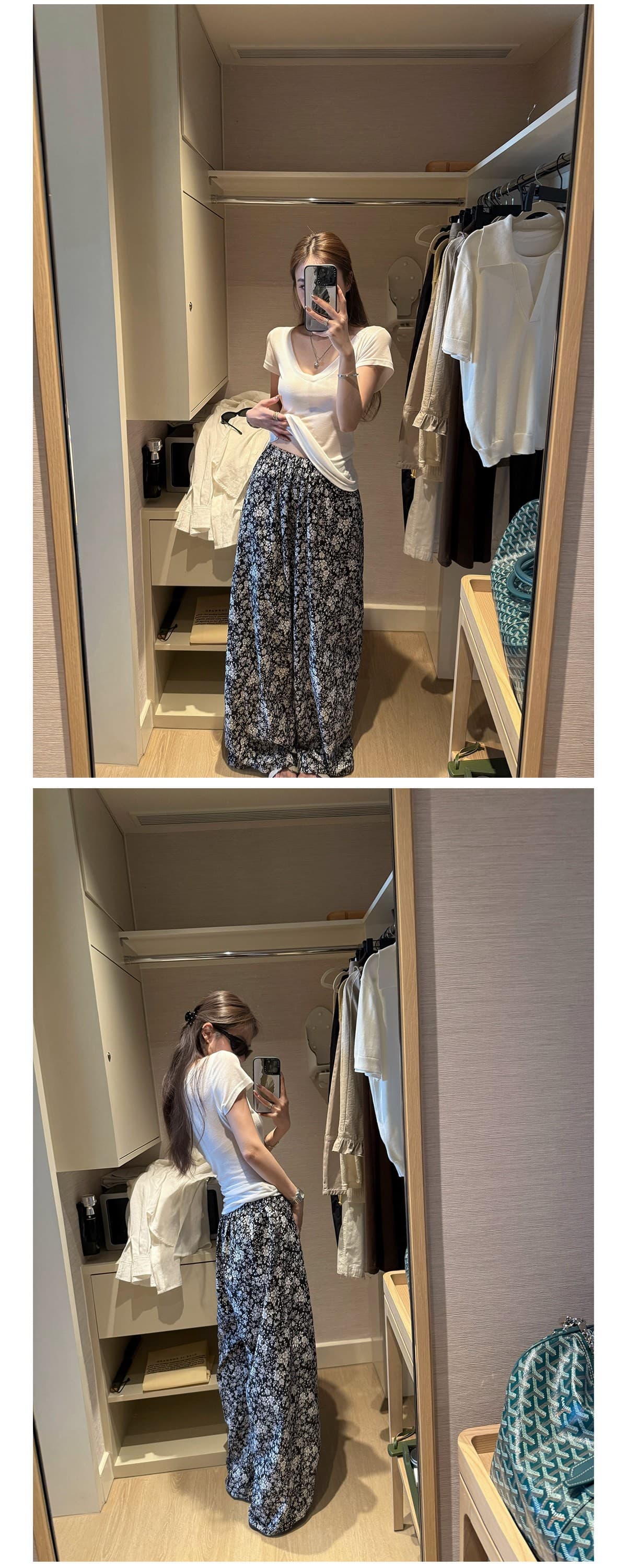 오래된 밖으로 조각 ~ 중 할머니 꽃무늬 바지 흑인과 백인 색상 일치 프린트 익스트림 제인 느슨함 휴가 바람 와이드 레그 팬츠 긴 바지 여성 상세 이미지 20