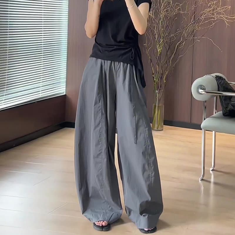 아메리칸 느긋한 느슨함 센스 회색 바지 아이들 여름 얇은 스타일 2026 새로운 하이웨이스트 도루 센스 루즈핏 모통이 칼 와이드 레그 팬츠 이미지 2
